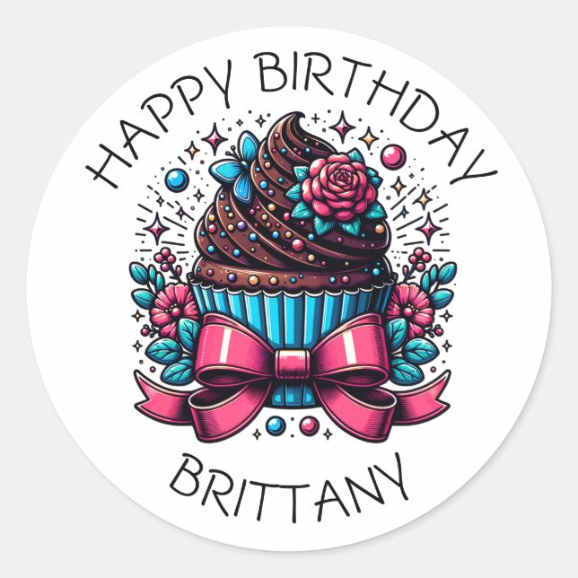 Birthday Cupcake Whimsical Personalised Classic Round Sticker (Front)