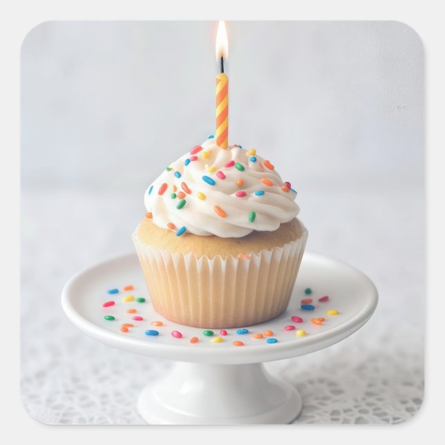 Birthday Cupcake with a Candle Square Sticker (Front)