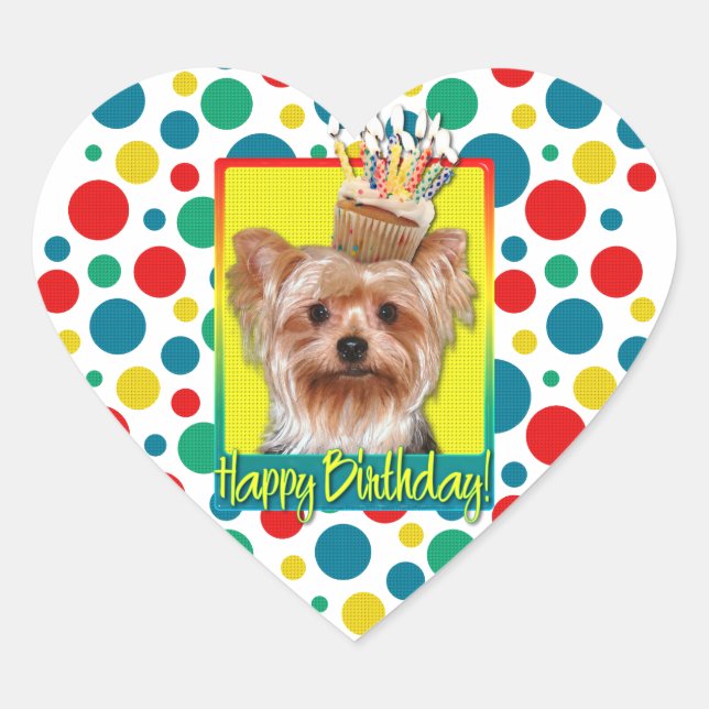 Birthday Cupcake - Yorkshire Terrier Heart Sticker (Front)