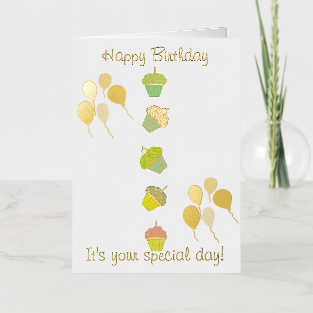 Birthday Cupcakes Balloons Foil Greeting Card (Front)