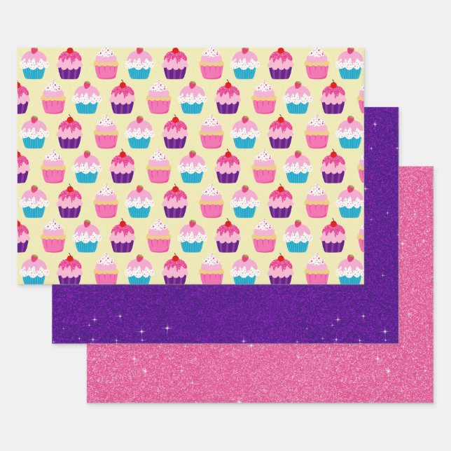 Birthday Cupcakes Purple and Pink Glitter Set of 3 Wrapping Paper Sheet (Set)