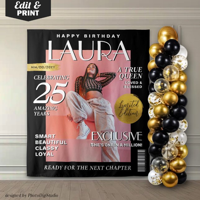 Birthday Custom Magazine Cover Backdrop Fashion Tapestry (Birthday Custom Magazine Cover Backdrop Fashion)