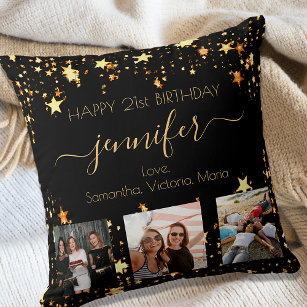 Birthday custom photo best friend black gold stars cushion