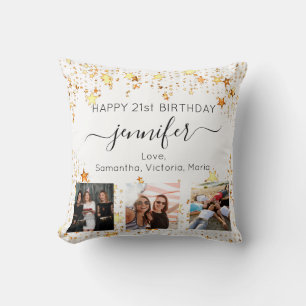 Birthday custom photo best friend white gold stars cushion
