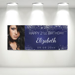 Birthday custom photo blue silver glitter banner<br><div class="desc">Celebrating a 21st (or any age) milestone birthday for a girl/woman. A dark blue background. The blue colour is uneven. Decorated with faux silver glitter dust. Personalise and add your own photo of the birthday girl. Use a vertical/portrait size photo. The text: The name in grey with a modern hand...</div>