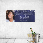 Birthday custom photo blue silver stars banner<br><div class="desc">Celebrating a 21st (or any age) milestone birthday for a girl/woman. A dark blue background. The blue colour is uneven. Decorated with faux silver stars. Personalise and add your own photo of the birthday girl. Use a vertical/portrait size photo. The text: The name in grey with a modern hand lettered...</div>