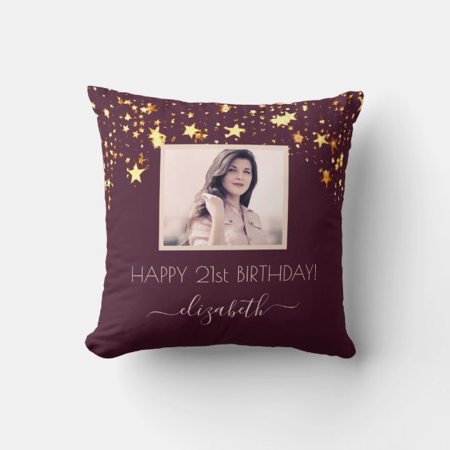Birthday custom photo burgundy gold stars pink cushion (Front)
