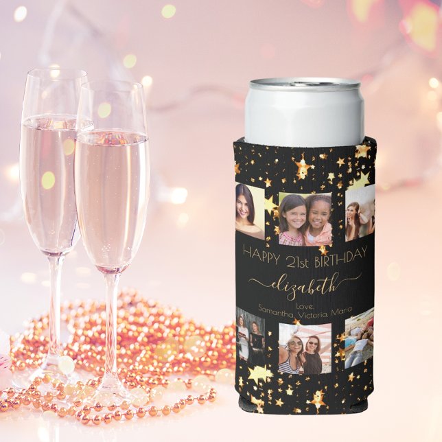 Birthday custom photo collage black gold friend seltzer can cooler (Creator Uploaded)