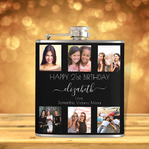 Birthday custom photo collage black white friends hip flask
