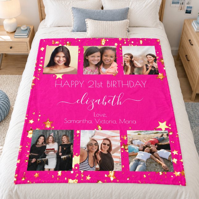 Birthday custom photo collage hot pink friend fleece blanket (Creator Uploaded)