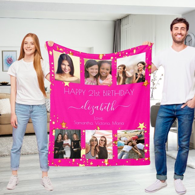 Birthday custom photo collage hot pink friend fleece blanket (Creator Uploaded)