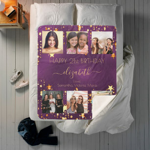 Birthday custom photo collage purple gold friends sherpa blanket