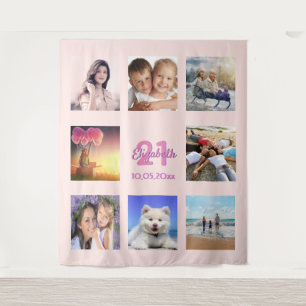 Birthday custom photo collage rose gold pink tapestry