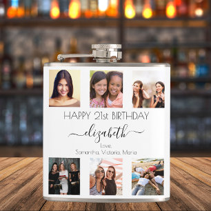 Birthday custom photo collage white friends hip flask