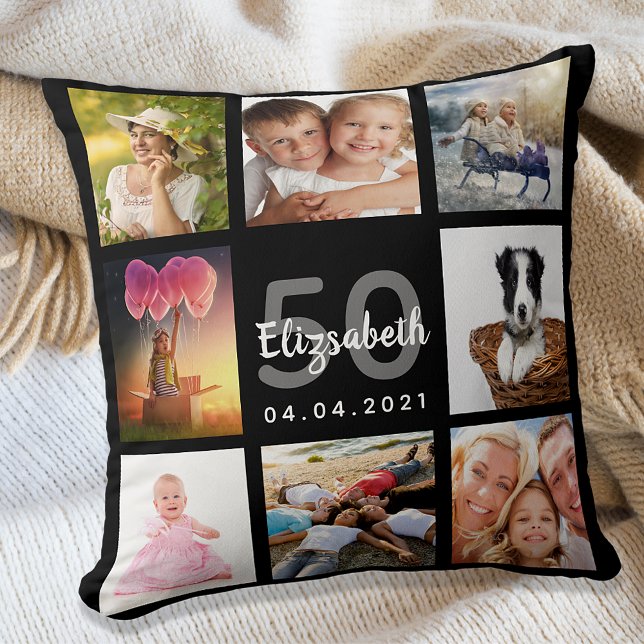 Birthday custom photo collage woman black cushion (Creator Uploaded)