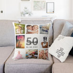 Birthday custom photo collage woman white cushion<br><div class="desc">A unique gift for a womans 50th (or any age) birthday, celebrating her life with a collage of 8 of your own photos, pictures. Personalise and add her name, age 50 and a date. A chic white background. Grey and black letters and numbers. The name is written with a modern...</div>