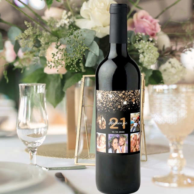 Birthday custom photo glitter black gold name wine label (Creator Uploaded)