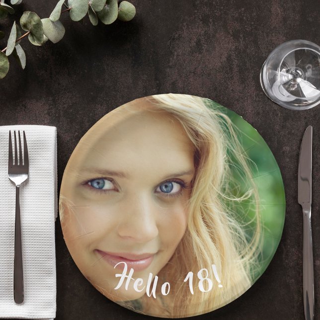 Birthday custom photo hello 18 eighteen paper plate (Creator Uploaded)