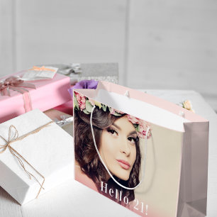 Birthday custom photo hello 21 rose gold  large gift bag