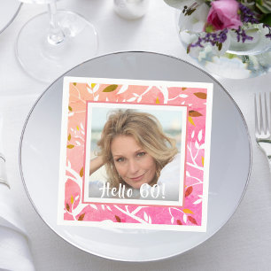 Birthday custom photo pink botanical pattern napkin