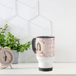 Birthday custom photo rose gold best friends travel mug<br><div class="desc">A gift from friends for a woman's 21st (or any age) birthday. Personalise and 2 of your own photos, her name, age 21 and your names. Dark rose gold text. A chic, feminine rose gold, pink background colour. Her name is written with a modern hand lettered style script with swashes....</div>