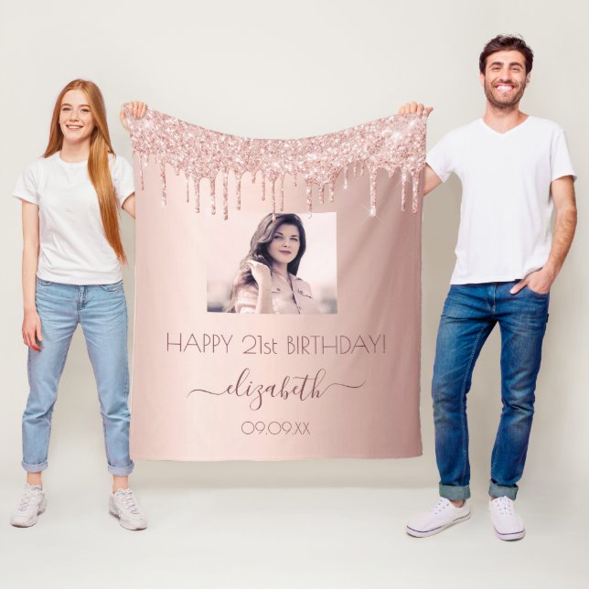 Birthday custom photo rose gold glitter pink girl fleece blanket (In Situ)