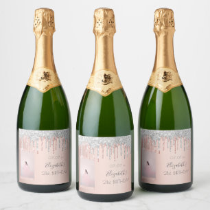 Birthday custom photo rose gold glitter silver sparkling wine label