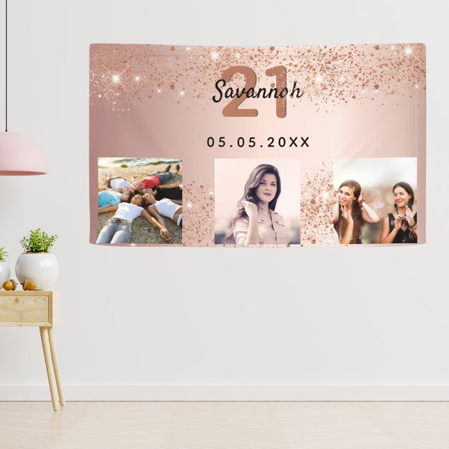 Birthday custom photo rose gold glitter welcome banner (Creator Uploaded)