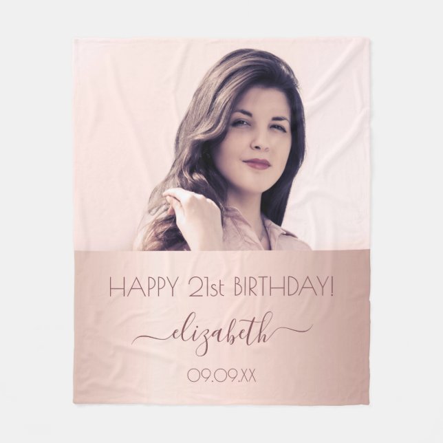 Birthday custom photo rose gold pink female fleece blanket (Front)