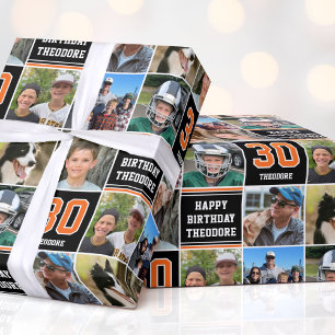 Birthday Custom Photo Varsity Sports Orange Black Wrapping Paper