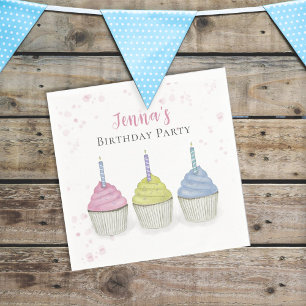 Birthday Cute Colourful Watercolor Pastel Cupcakes Napkin