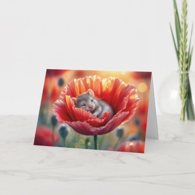 Birthday Cute Mouse Sleeping in a Red Poppy Card (Front)