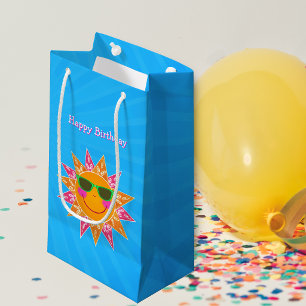 Birthday Cute Orange Sun Pink Orange Rays Blue Small Gift Bag