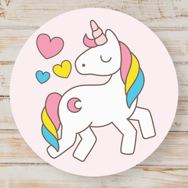 Birthday. Cute Unicorn with Cute Hearts. Classic Round Sticker (Creator Uploaded)