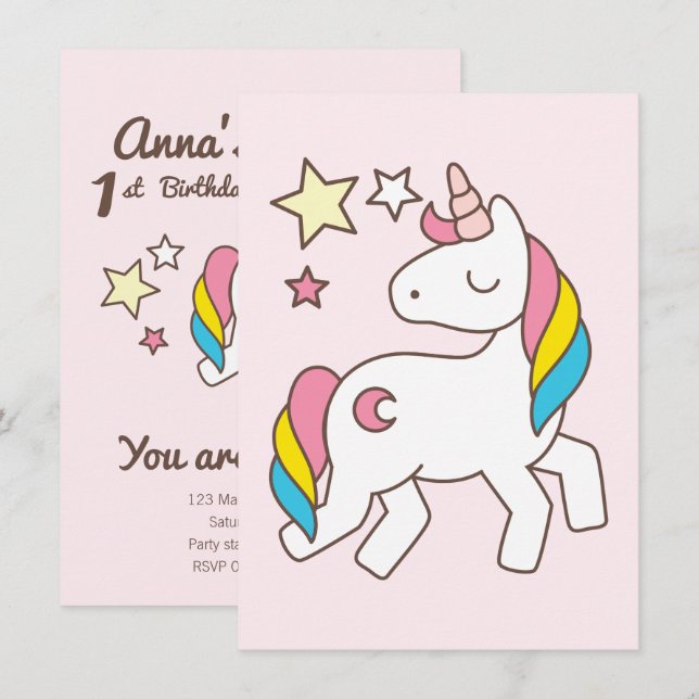 Birthday. Cute Unicorn with Cute Wand & Stars Invitation (Front/Back)