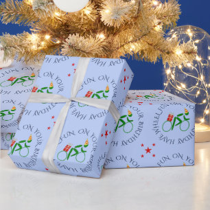 Birthday cyclist custom text green blue wrapping paper