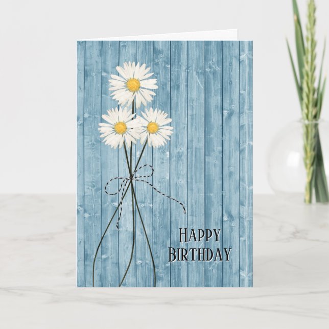 Birthday Daisies On Blue Wood Card (Front)