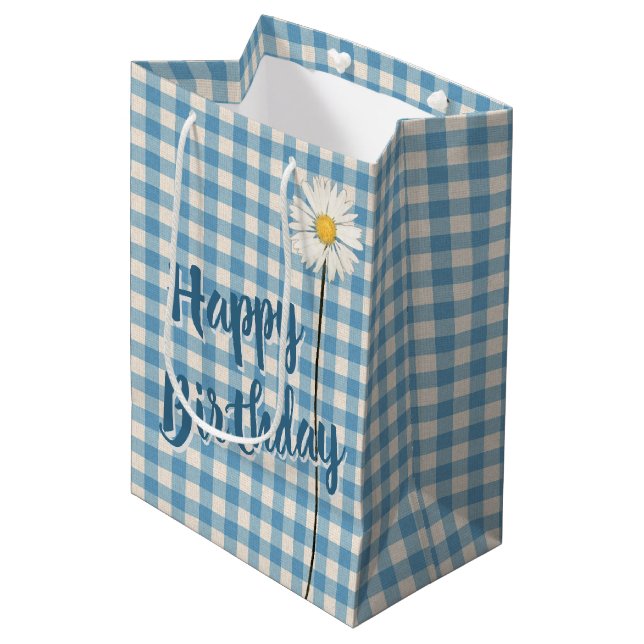 Birthday Daisy On Aqua Gingham Medium Gift Bag (Front Angled)