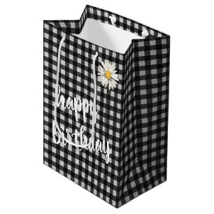 Birthday Daisy On Black and White Gingham Medium Gift Bag