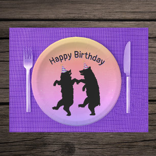 Birthday Dancing Black Bears Party Hats Pastels Paper Plate