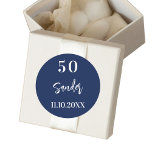 Birthday dark blue white script minimalist classic round sticker<br><div class="desc">For a 50th (or any age) birthday party.  A dark blue background. Add your name,  age,  date. The name is written with a modern hand lettered style script.  White text.</div>