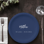 Birthday dark blue white script minimalist paper plate<br><div class="desc">For a 50th (or any age) birthday party.  A dark blue background. Add your name,  age,  date. The name is written with a modern hand lettered style script.  White text.</div>