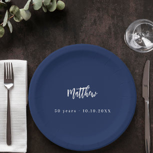 Birthday dark blue white script minimalist paper plate