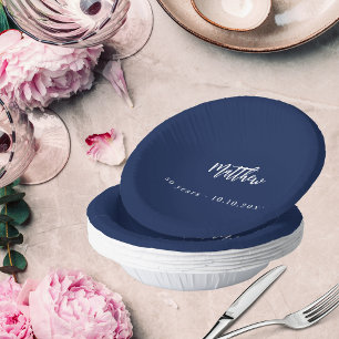 Birthday dark blue white script minimalist paper plate