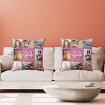 Birthday dark pink photo collage woman cushion<br><div class="desc">A unique gift for a womans 50th (or any age) birthday,  celebrating her life with a collage of 8 of your own photos,  pictures.  Personalise and add her name,  age 50 and a date. A chic dark blue background.  The name is written with a modern hand lettered style script.</div>