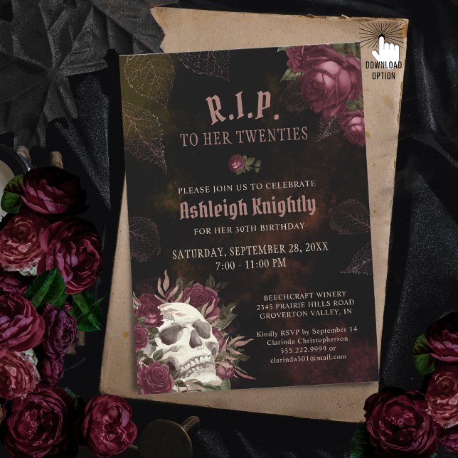 Birthday Dark Skull and Roses RIP Twenties Invitation (Creator Uploaded)