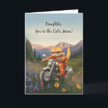 Birthday Daughter Cat on Motorcycle with Mountains Card<br><div class="desc">The front features an adorable cat wearing sunglasses, riding a motorcycle through a scenic field with mountains in the backdrop, setting the stage for a thrilling journey ahead. Inside, you'll find a sentimental message that expresses your pride and joy in the person your daughter has become. This unique and loving...</div>