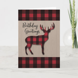 Birthday Deer in Red Black Plaid Over Wood Card