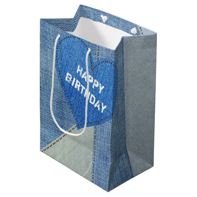 Birthday Denim Heart Medium Gift Bag (Front Angled)