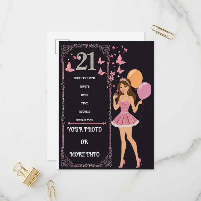 Birthday design with personalised photo options invitation postcard (Front/Back In Situ)